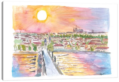 Prague Sunset View Of Charles Bridge And Castle Canvas Art Print - Czech Republic Art