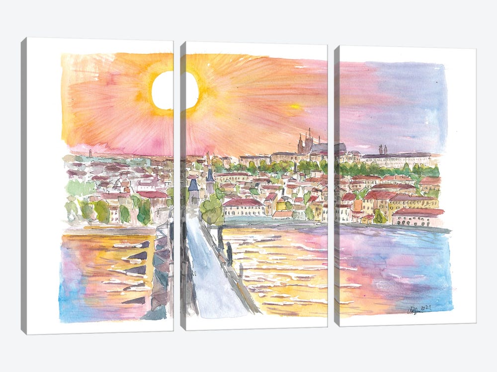Prague Sunset View Of Charles Bridge And Castle by Markus & Martina Bleichner 3-piece Canvas Art