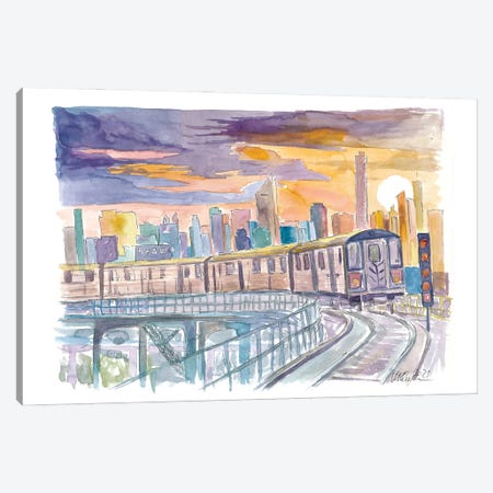 Queens Subway Line 7 At Sunset Over Manhattan Canvas Print #MMB673} by Markus & Martina Bleichner Canvas Artwork