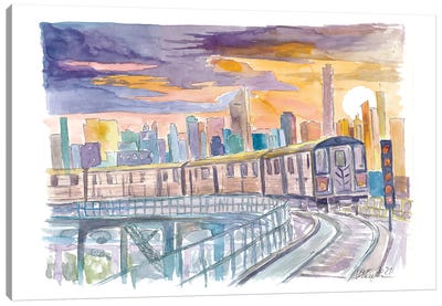 Queens Subway Line 7 At Sunset Over Manhattan Canvas Art Print