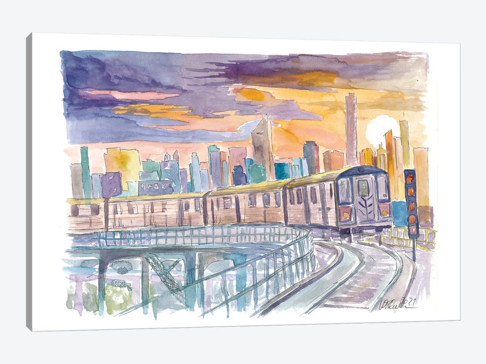 Queens Subway Line 7 At Sunset Over Manhattan by Markus & Martina Bleichner 1-piece Art Print