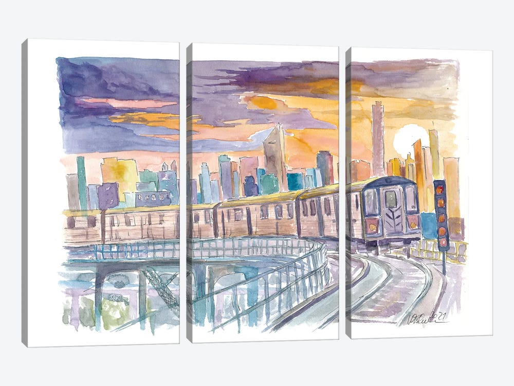 Queens Subway Line 7 At Sunset Over Manhattan by Markus & Martina Bleichner 3-piece Canvas Print