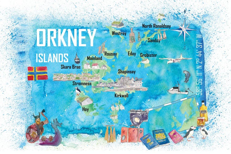 Orkney Islands Illustrated Travel Map With Touristic Highlights