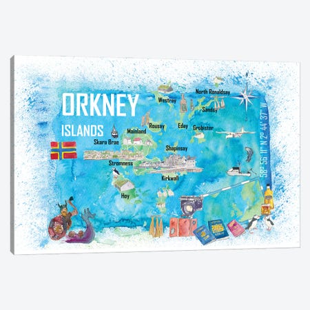 Orkney Islands Illustrated Travel Map With Touristic Highlights Canvas Print #MMB678} by Markus & Martina Bleichner Canvas Wall Art