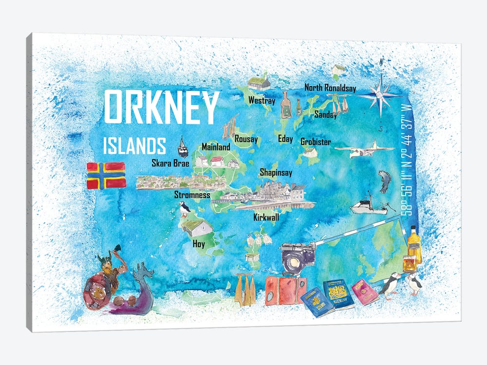 Orkney Islands Illustrated Travel Map With Touristic Highlights by Markus & Martina Bleichner 1-piece Canvas Art