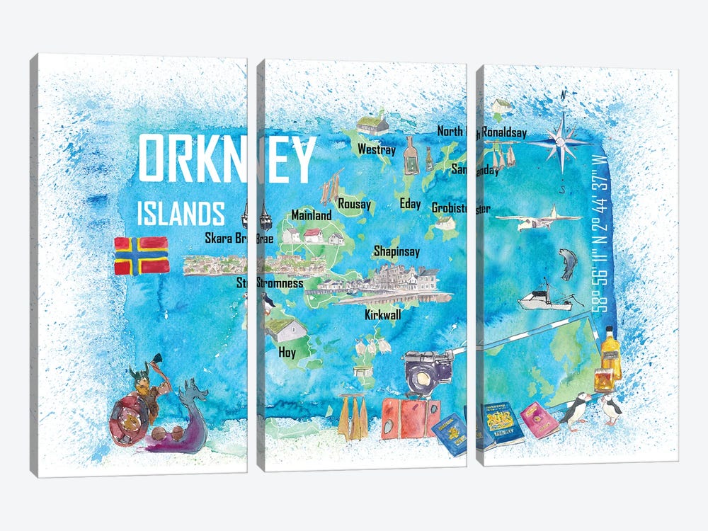Orkney Islands Illustrated Travel Map With Touristic Highlights by Markus & Martina Bleichner 3-piece Canvas Art
