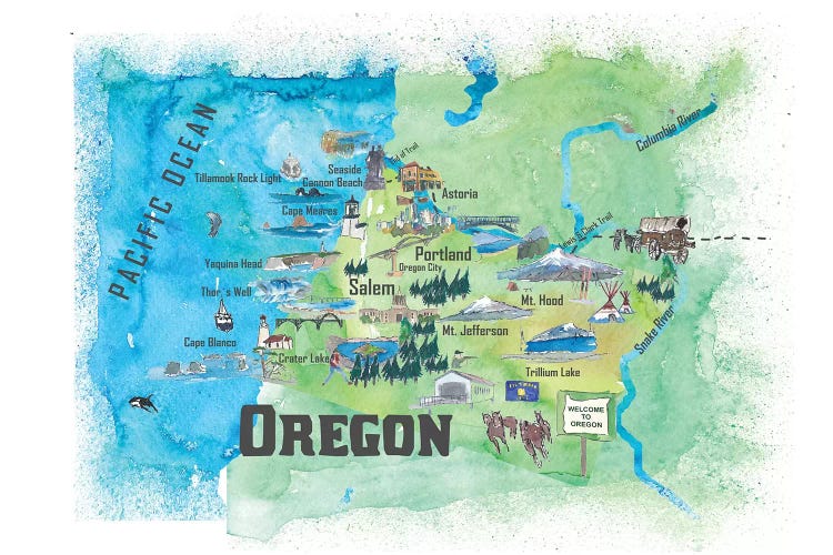 USA, Oregon Illustrated Travel Poster by Markus & Martina Bleichner wall art