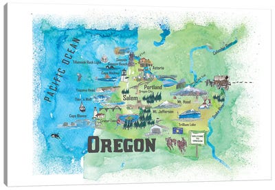 USA, Oregon Illustrated Travel Poster Canvas Art Print - State Maps