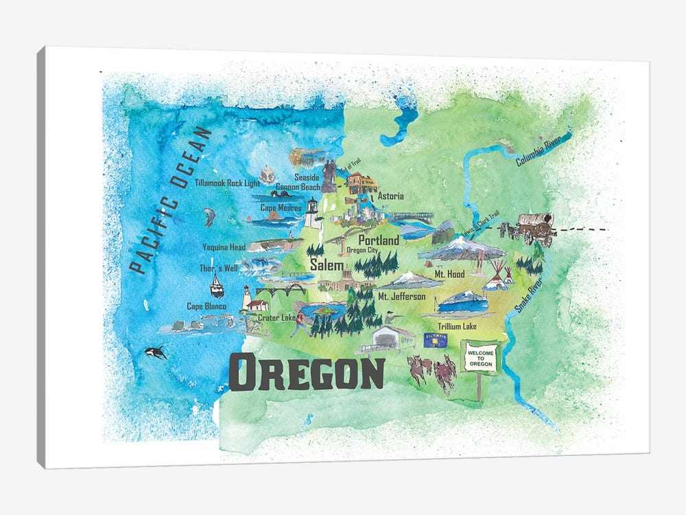 USA, Oregon Illustrated Travel Poster by Markus & Martina Bleichner 1-piece Canvas Artwork