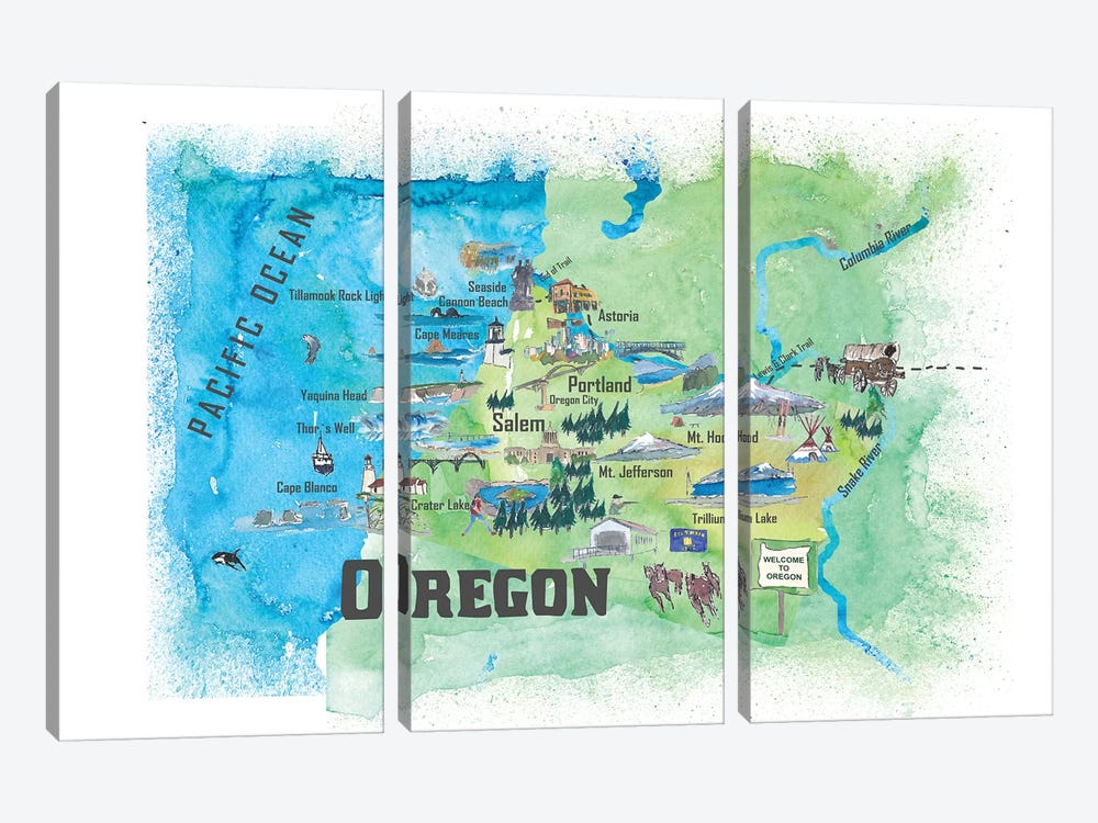 USA, Oregon Illustrated Travel Poster by Markus & Martina Bleichner 3-piece Canvas Artwork