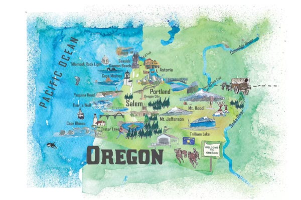 USA, Oregon Illustrated Travel Poster