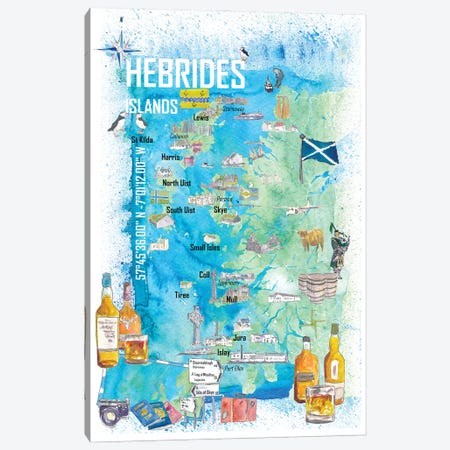 Hebrides Islands Travel Map With Touristic Highlights Canvas Print #MMB685} by Markus & Martina Bleichner Canvas Art