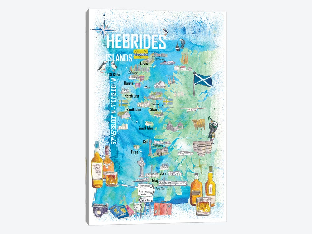 Hebrides Islands Travel Map With Touristic Highlights by Markus & Martina Bleichner 1-piece Canvas Wall Art