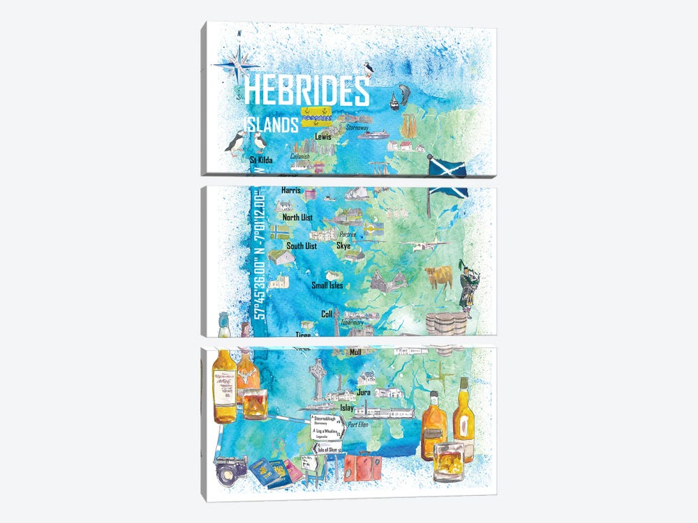 Hebrides Islands Travel Map With Touristic Highlights by Markus & Martina Bleichner 3-piece Canvas Wall Art
