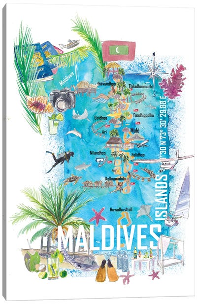 Maldives Islands Illustrated Travel Map With Vacations Dreams And Hideaways Canvas Art Print - Island Art