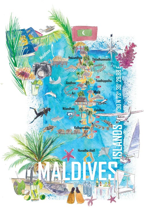 Maldives Islands Illustrated Travel Map With Vacations Dreams And Hideaways