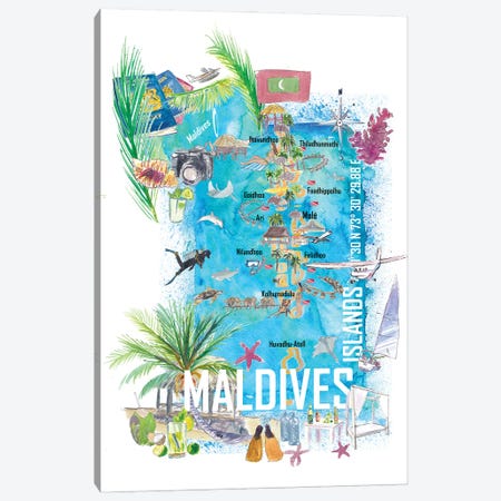 Maldives Islands Illustrated Travel Map With Vacations Dreams And Hideaways Canvas Print #MMB688} by Markus & Martina Bleichner Canvas Art Print