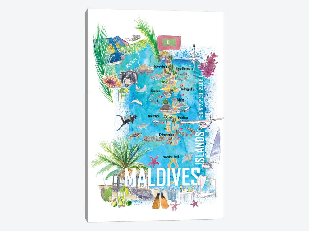 Maldives Islands Illustrated Travel Map With Vacations Dreams And Hideaways by Markus & Martina Bleichner 1-piece Canvas Print