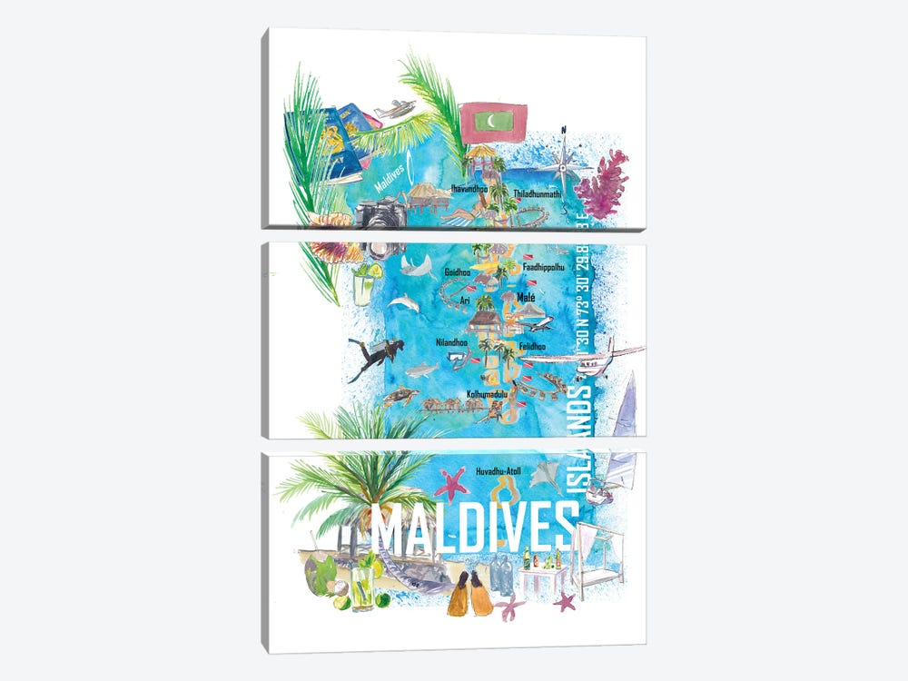 Maldives Islands Illustrated Travel Map With Vacations Dreams And Hideaways by Markus & Martina Bleichner 3-piece Art Print