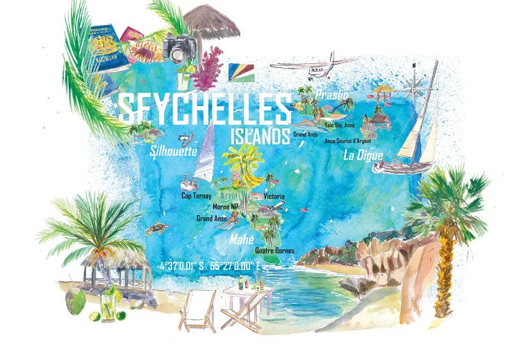 Seychelles Islands Illustrated Travel Map With Tourist Highlights