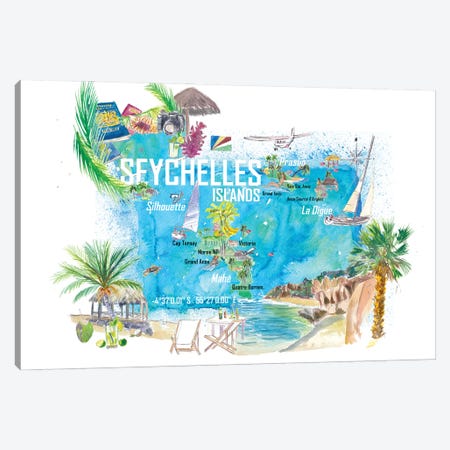 Seychelles Islands Illustrated Travel Map With Tourist Highlights Canvas Print #MMB689} by Markus & Martina Bleichner Art Print
