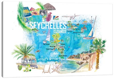 Seychelles Islands Illustrated Travel Map With Tourist Highlights Canvas Art Print - Seychelles