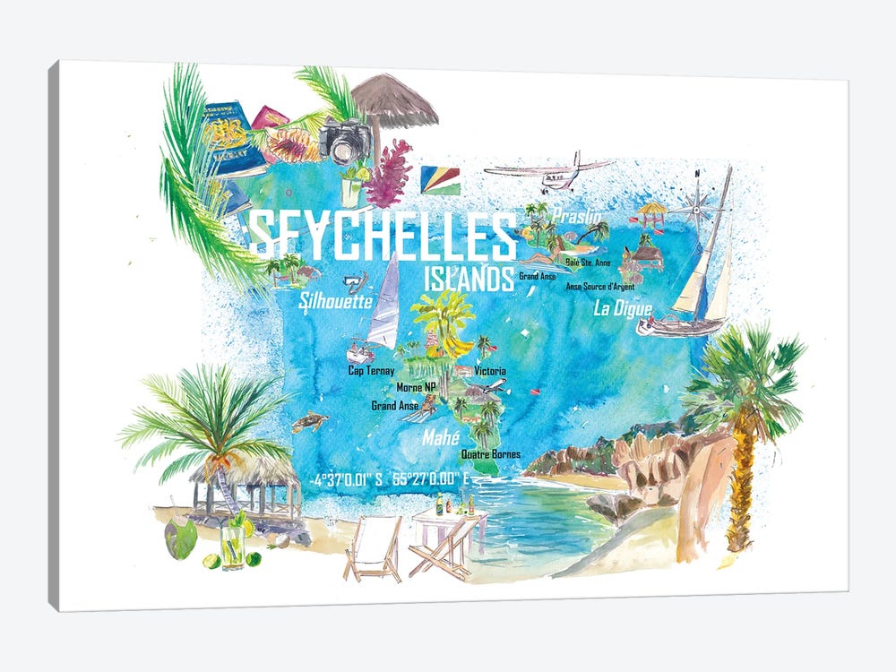 Seychelles Islands Illustrated Travel Map With Tourist Highlights by Markus & Martina Bleichner 1-piece Canvas Wall Art