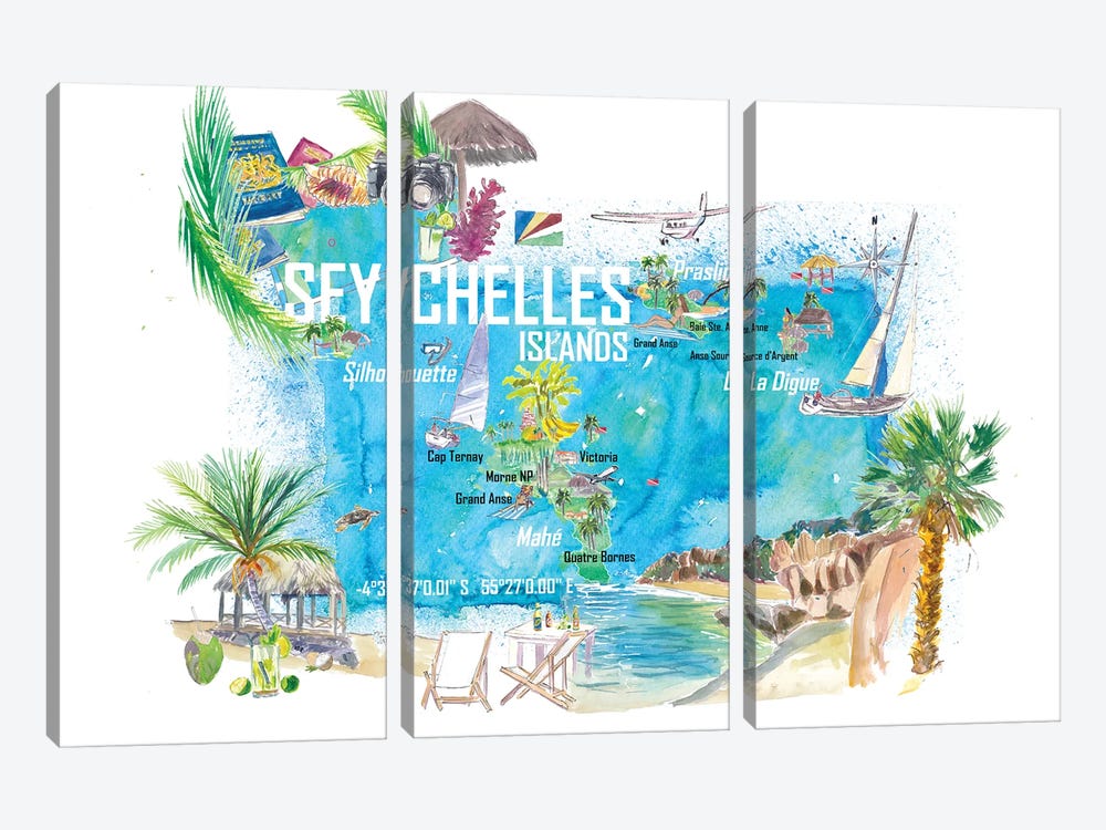 Seychelles Islands Illustrated Travel Map With Tourist Highlights by Markus & Martina Bleichner 3-piece Canvas Art