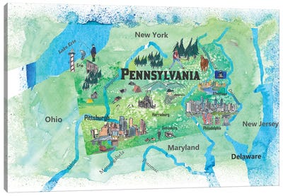 USA, Pennsylvania State Travel Poster Map Canvas Art Print - Kids Map Art