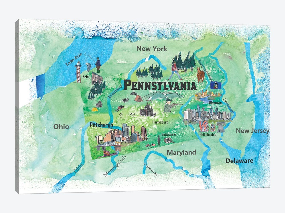 USA, Pennsylvania State Travel Poster Map by Markus & Martina Bleichner 1-piece Art Print