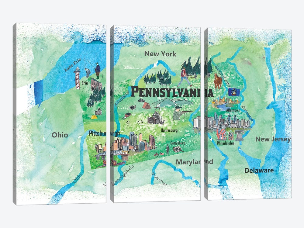USA, Pennsylvania State Travel Poster Map by Markus & Martina Bleichner 3-piece Art Print