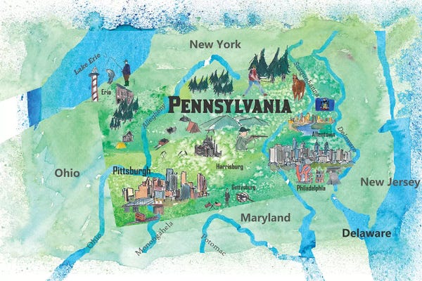 Markus & Martina Bleichner: USA, Pennsylvania State Travel Poster Map by Markus & Martina Bleichner
