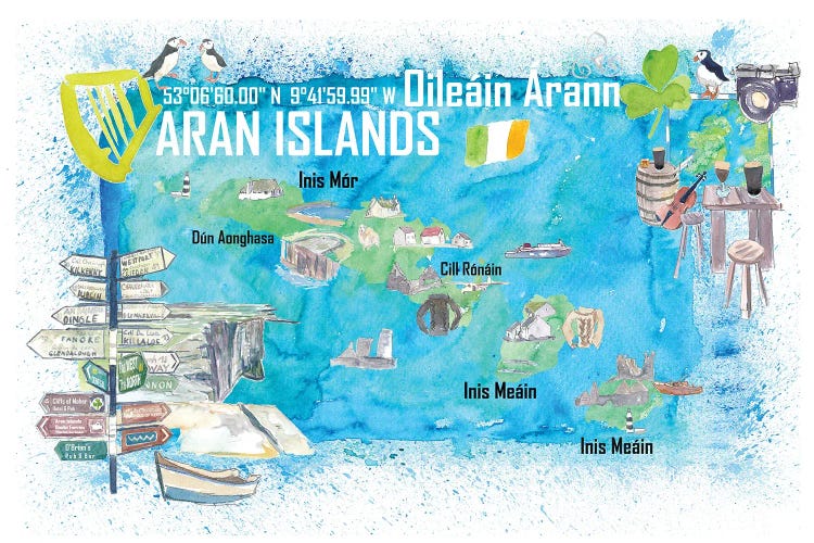 Aran Islands Ireland Illustrated Travel Map With Tourist Highlights - Signpost Edition