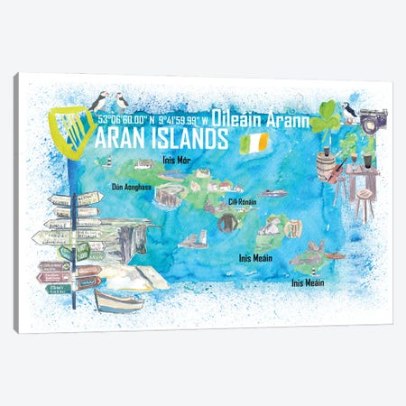 Aran Islands Ireland Illustrated Travel Map With Tourist Highlights - Signpost Edition Canvas Print #MMB690} by Markus & Martina Bleichner Canvas Art
