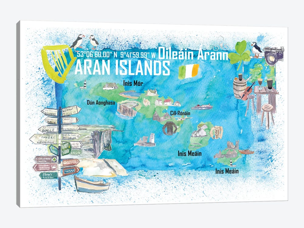 Aran Islands Ireland Illustrated Travel Map With Tourist Highlights - Signpost Edition by Markus & Martina Bleichner 1-piece Canvas Wall Art