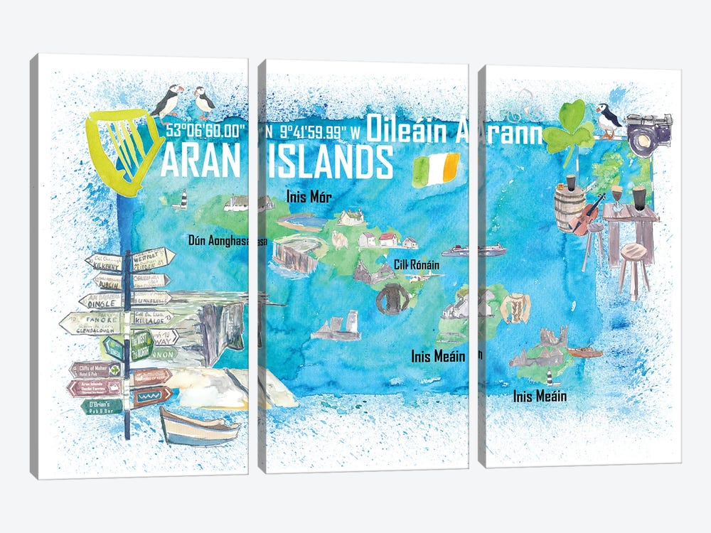 Aran Islands Ireland Illustrated Travel Map With Tourist Highlights - Signpost Edition by Markus & Martina Bleichner 3-piece Canvas Wall Art
