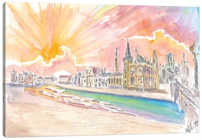 Ghent Belgium Historic City Center With Sunset Canvas Art Print - Belgium