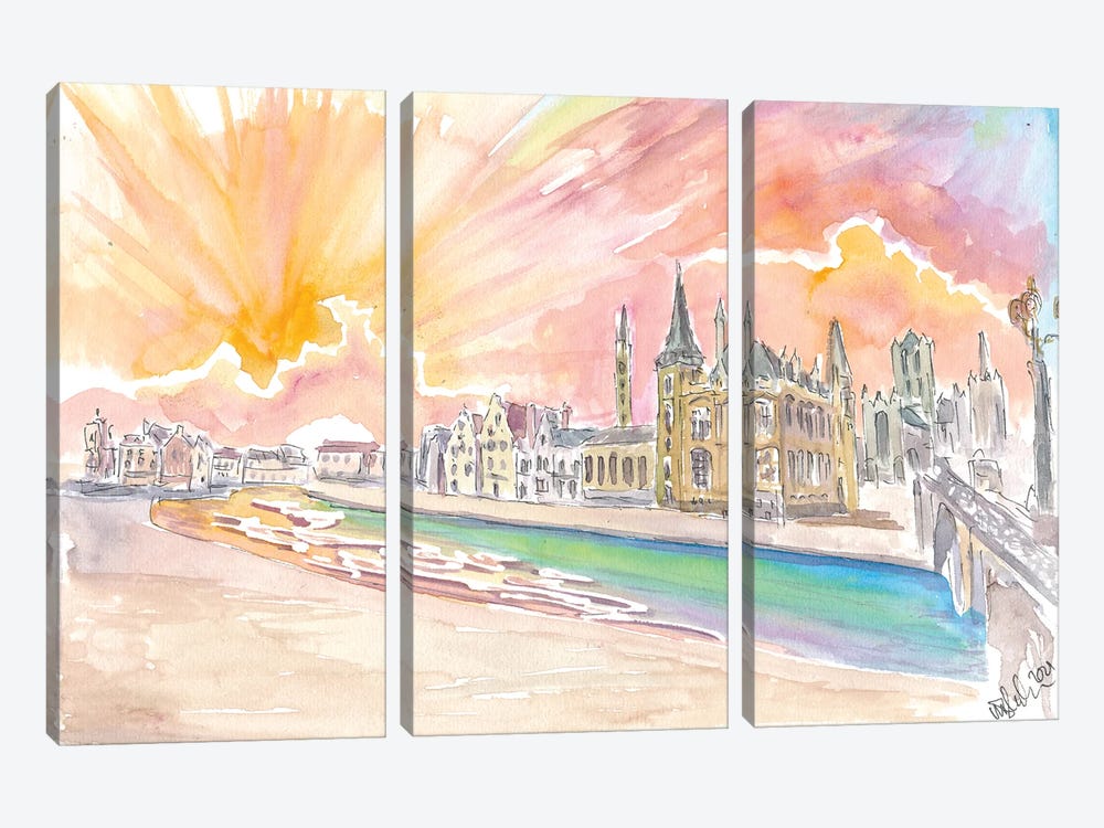 Ghent Belgium Historic City Center With Sunset by Markus & Martina Bleichner 3-piece Canvas Wall Art