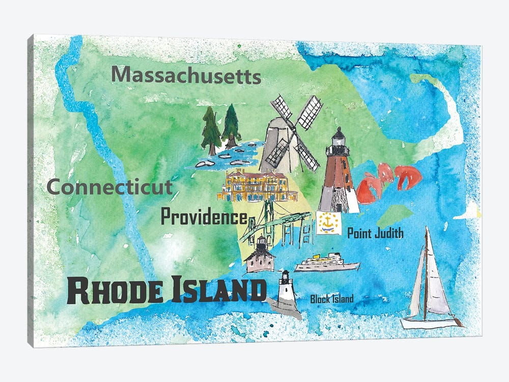 USA, Rhode Island State Travel Poster Map by Markus & Martina Bleichner 1-piece Canvas Artwork
