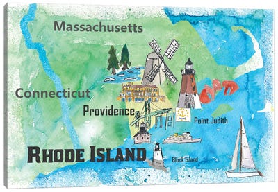 USA, Rhode Island State Travel Poster Map Canvas Art Print - Rhode Island Art