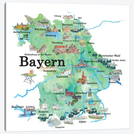Bayern, Germany Illustrated Travel Poster Canvas Print #MMB6} by Markus & Martina Bleichner Canvas Wall Art