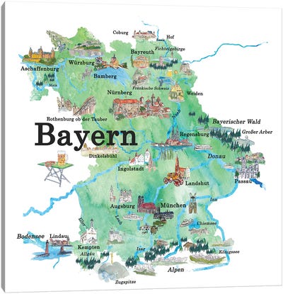 Bayern, Germany Illustrated Travel Poster Canvas Art Print