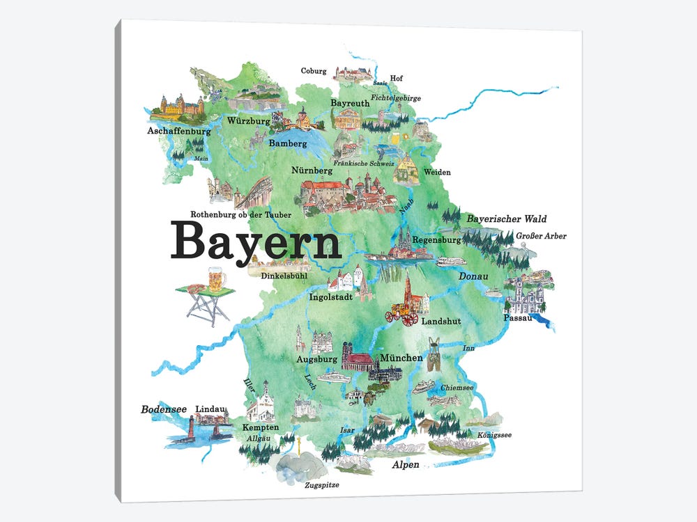 Bayern, Germany Illustrated Travel Poster by Markus & Martina Bleichner 1-piece Canvas Print