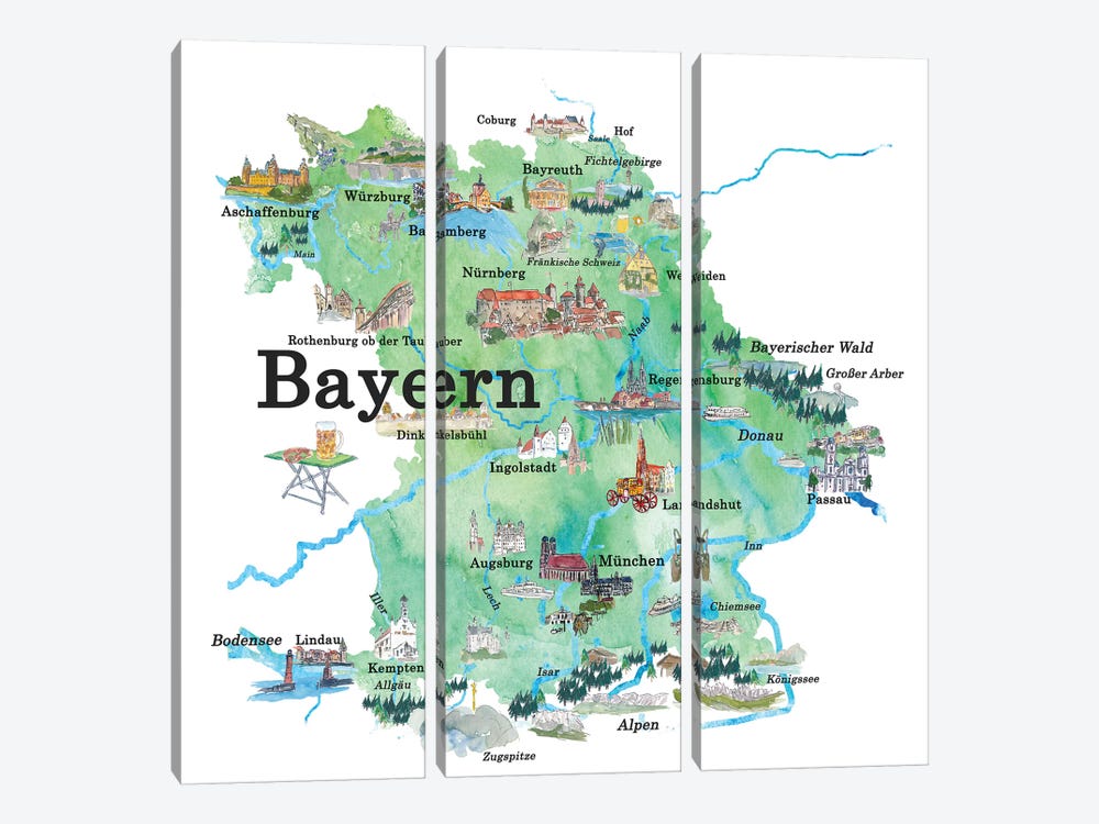 Bayern, Germany Illustrated Travel Poster by Markus & Martina Bleichner 3-piece Art Print