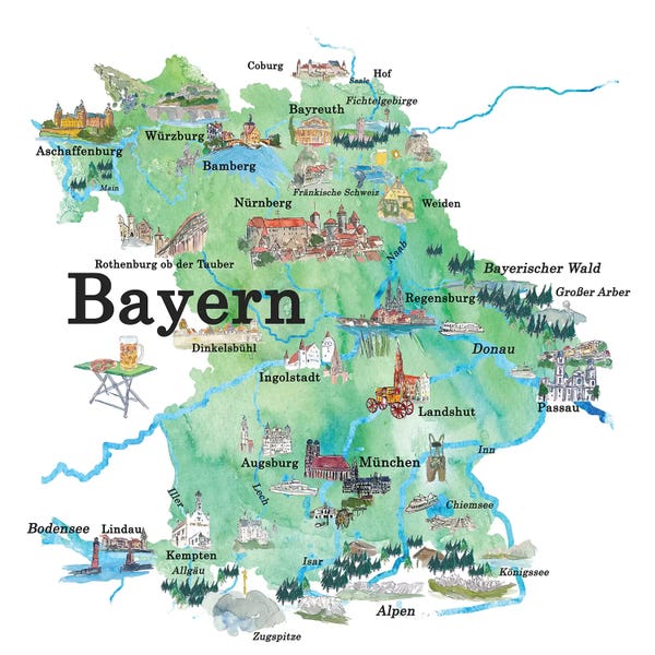 Markus & Martina Bleichner: Bayern, Germany Illustrated Travel Poster by Markus & Martina Bleichner