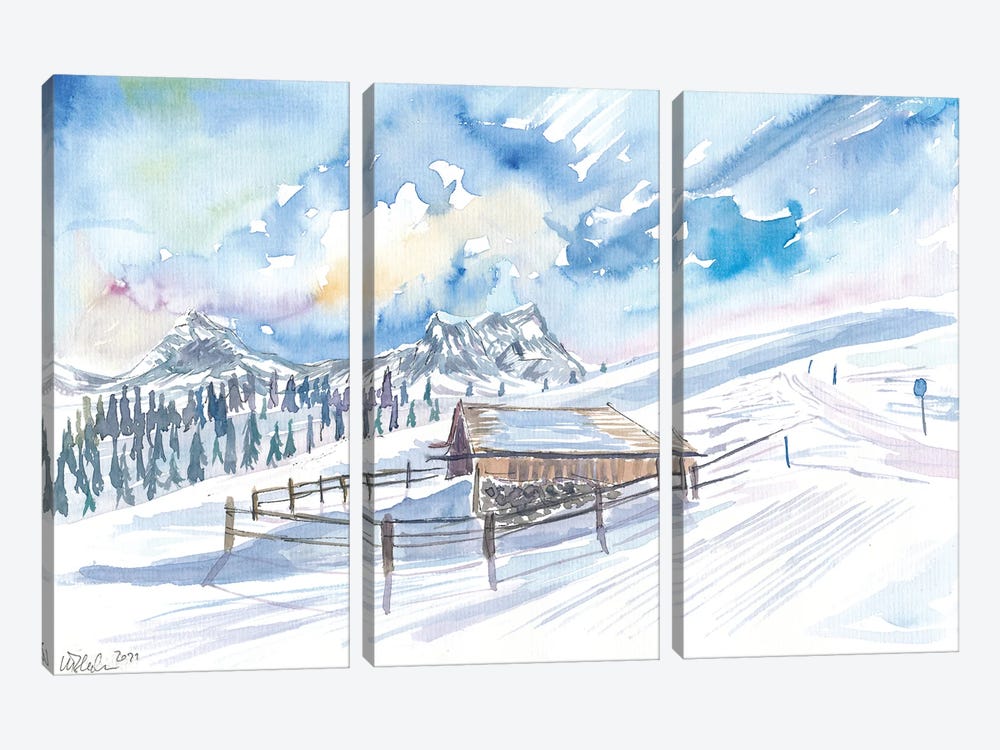 Romantic Alpine Hut Winter In Snow And Mountains by Markus & Martina Bleichner 3-piece Canvas Wall Art