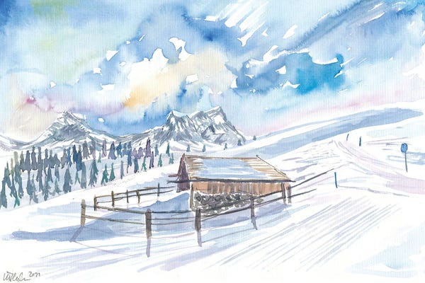 Romantic Alpine Hut Winter In Snow And Mountains