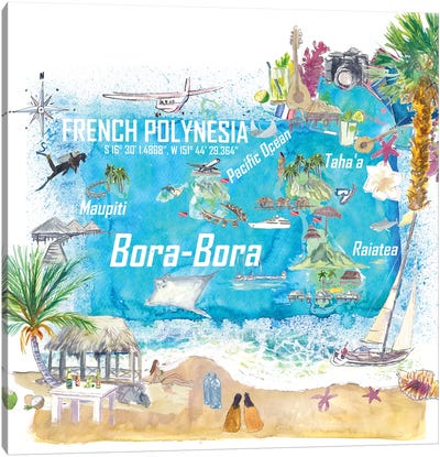 Bora Bora Islands French Polynesia Illustrated Travel Map With Touristic Highlights Canvas Art Print - Island Art