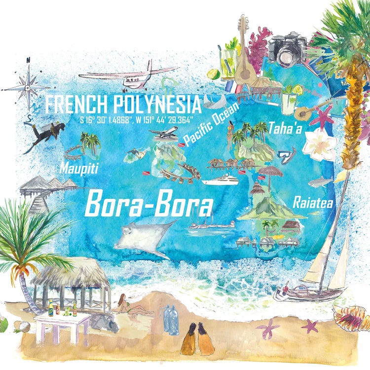 Bora Bora Islands French Polynesia Illustrated Travel Map With Touristic Highlights