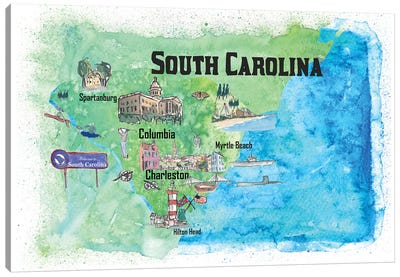 USA, South Carolina Illustrated Travel Poster Canvas Art Print - State Maps